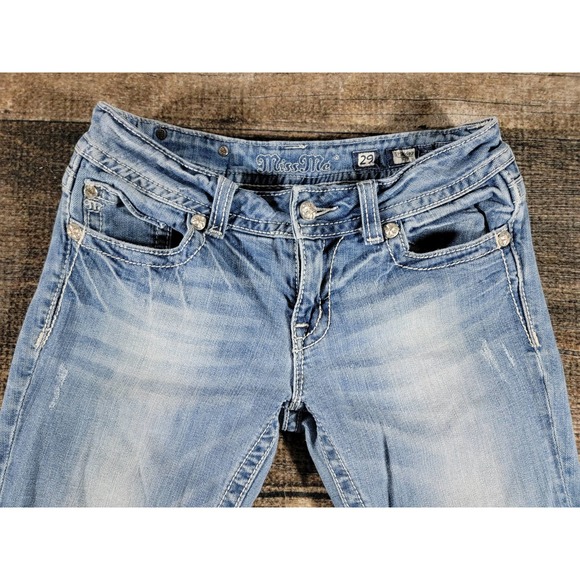 Miss Me Distressed Boot Cut Rhinestone  Denim Jeans 29x34 - Picture 7 of 12